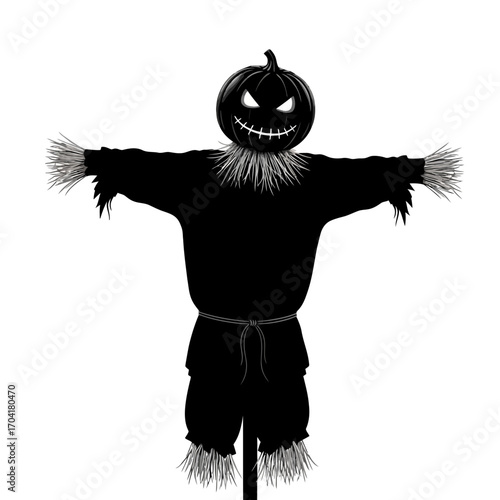 Scary pumpkin head scarecrow silhouette isolated on white background