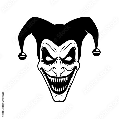 Scary evil jester face silhouette isolated on white background