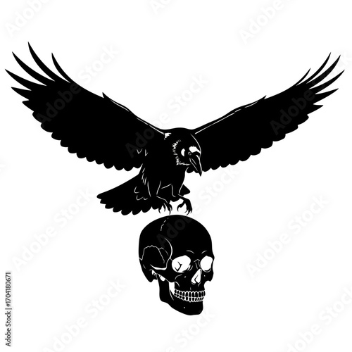Black silhouette of a raven landing on a human skull isolated on white background