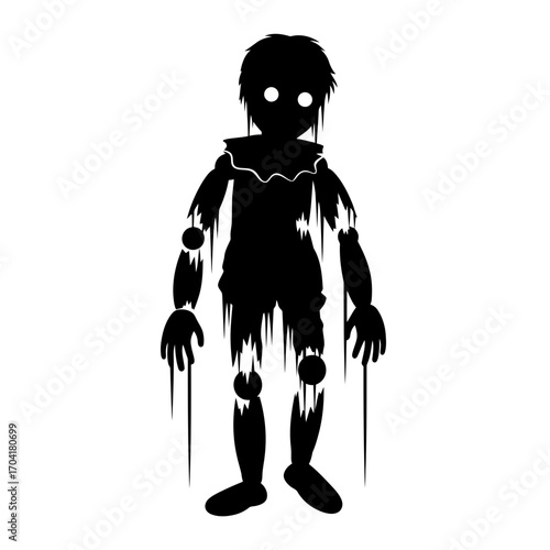 Creepy puppet silhouette isolated on white background