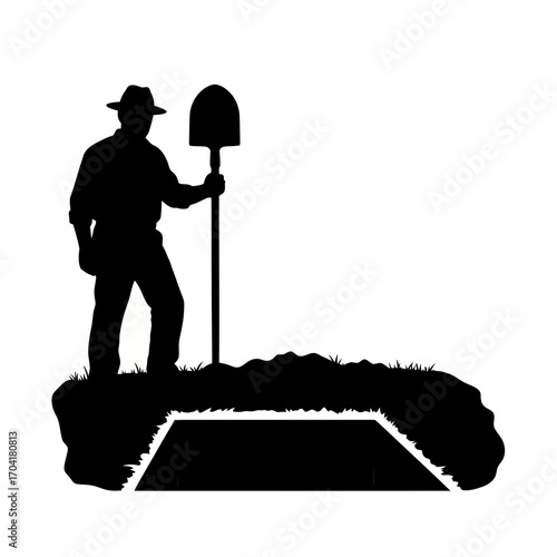 Man in hat with shovel digging grave silhouette isolated on white background