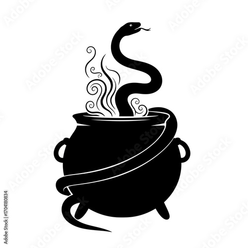 Black silhouette of a snake emerging from a cauldron isolated on white background