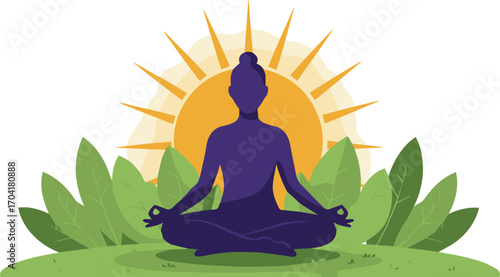 Serene silhouette meditating peacefully in lush greenery beneath a radiant sun symbol