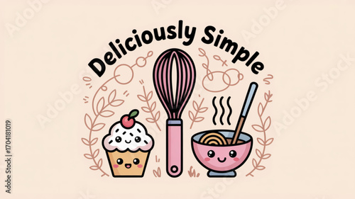 Deliciously simple cooking baking concept with cupcake bowl whisk and kawaii style for food blog recipe idea