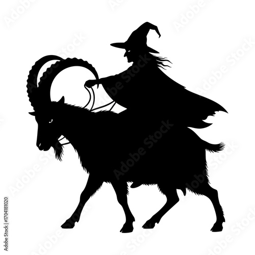 Witch riding a goat silhouette isolated on white background