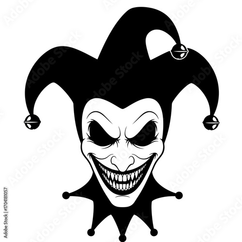 Scary jester face silhouette isolated on white background
