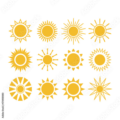 Collection of Sun Icons Various Styles Sunshine Radiance Summer Heat Weather Forecast Yellow Geometric Shapes and Designs