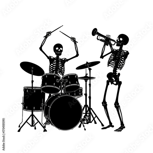 Skeleton drummer and trumpeter playing music silhouette isolated on white background