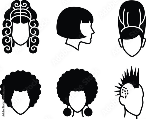 Hairstyles and Wigs Silhouette Icons representing different haircuts and styles for women and men.