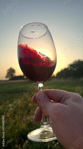 Red wine swirling in hand. Sommelier swirls with glass of red wine at sunset. Red Wine Swirling In Glass during vine Tasting. Celebration vino party in countryside. Glass in hand on Rural landscape. 