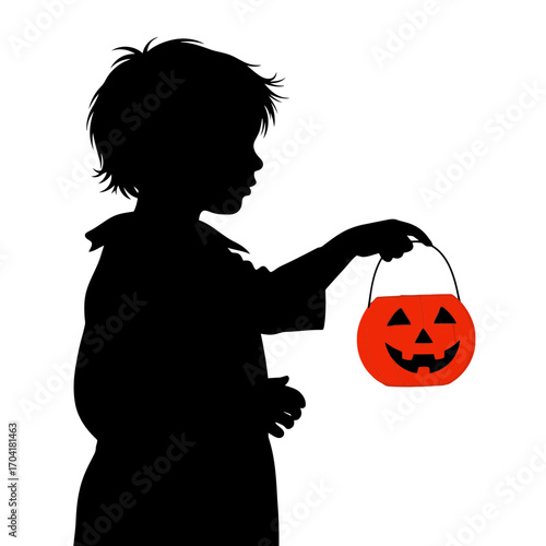 Child silhouette holding a jack o lantern candy bucket isolated on white background silhouette