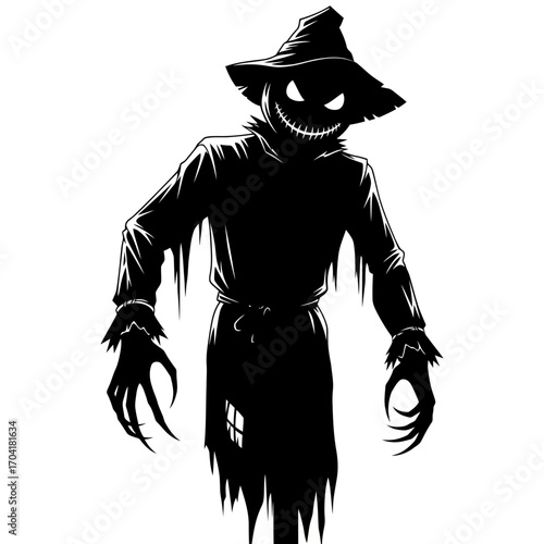 Scary halloween scarecrow silhouette isolated on white background