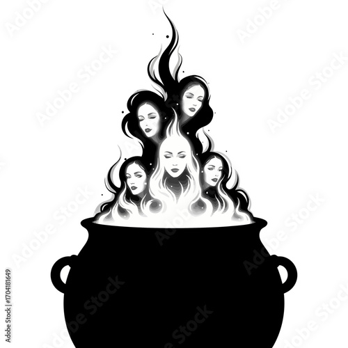 Witches brew cauldron with faces silhouette isolated on white background