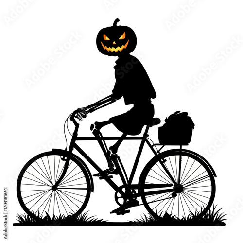 Skeleton with jack o lantern head riding bicycle silhouette isolated on white background