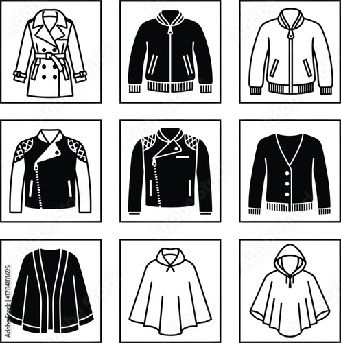 A set of vector illustrations of various coats, including a trench coat, bomber, leather jacket, and poncho.