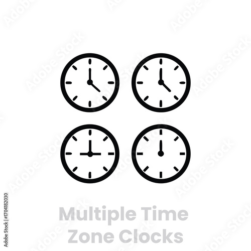 Multiple time zone clocks isolated on white background vector thin line icon illustration of different time zones, time management, and global communication concept