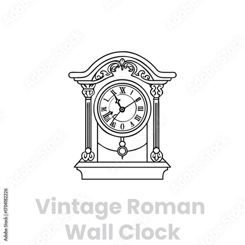 Vintage roman wall clock line art isolated on white background antique timepiece with roman numerals and ornate details, perfect for historical or decorative designs