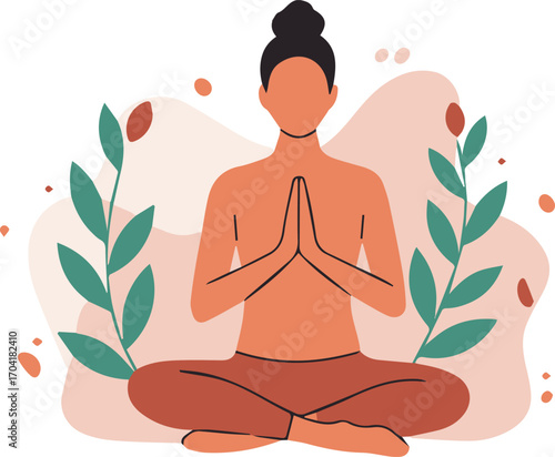 Serene woman meditating peacefully amidst abstract organic shapes and botanicals, achieving inner calm