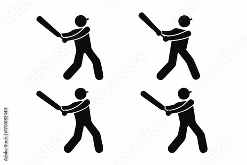 set of Baseball player swinging icon silhouette illustration isolated on white background