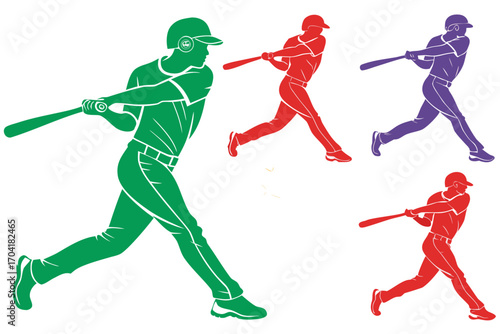 set of Baseball player swinging silhouette illustration isolated on white background