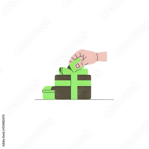 Hand opening a green gift box with a surprise inside, celebrating a special occasion
