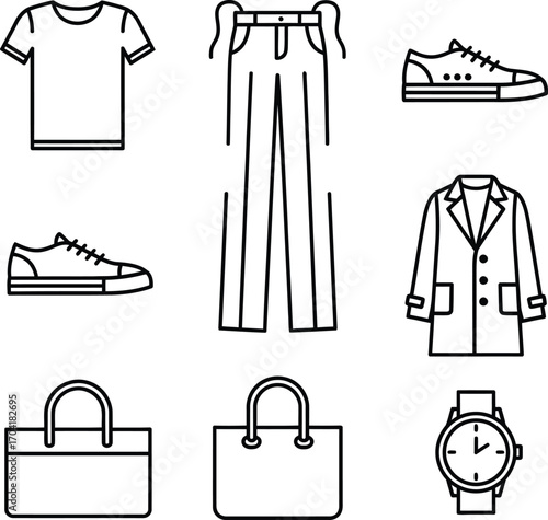 A collection of simple line-art vector illustrations of a t-shirt, pants, sneakers, jacket, and a handbag for a classic casual style.