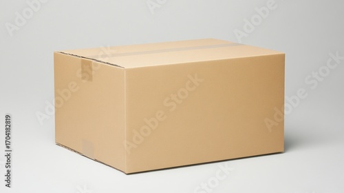 Single closed cardboard box on plain gray background