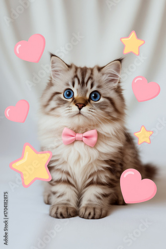 A fluffy kitten with blue eyes and a pink bow sits surrounded by cartoon hearts and stars. Concept of cuteness, innocence, and affection.