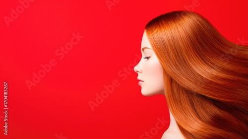 Side profile of red-haired woman with long hair flowing