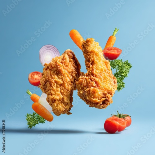 ultra quality image of realistic food chicken fried meat vegetable tasty blue pastel background 