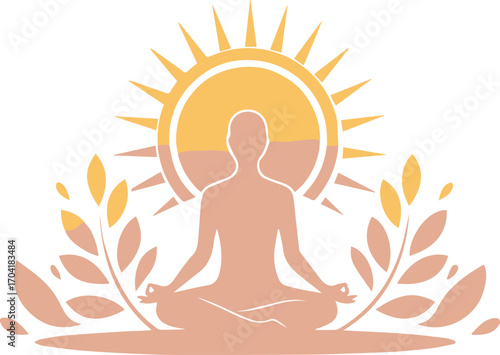 Serene yoga silhouette finds inner peace and balance under a radiant sun and gentle flora.