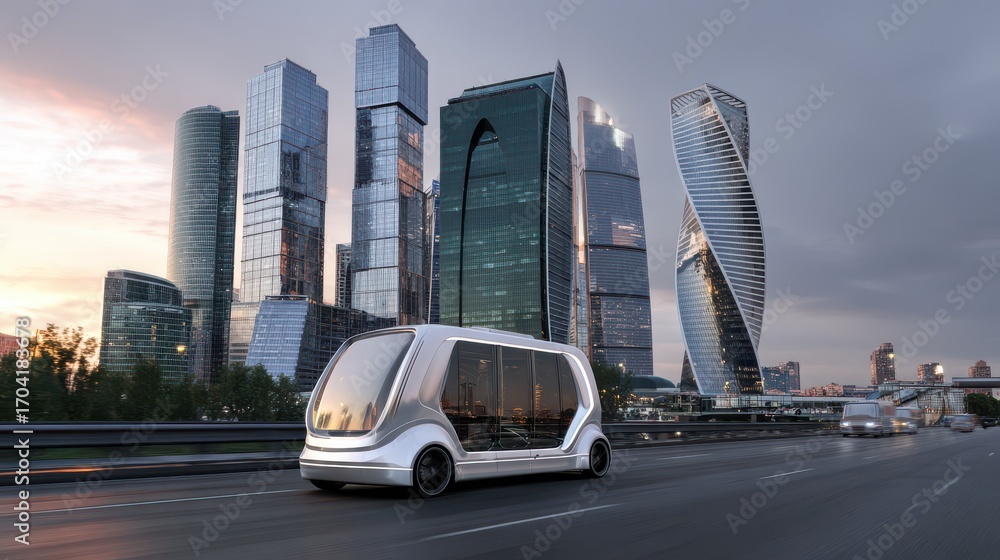 Fototapeta premium Futuristic self-driving van cruises along a public highway, surrounded by modern glass skyscrapers, redefining city transportation