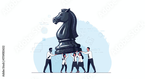 A diverse business team collaborates to carry a giant chess knight, symbolizing strategic planning, teamwork, and corporate success.