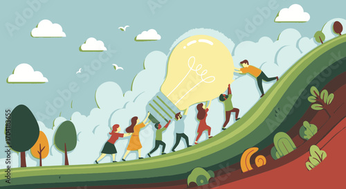 A diverse team collaborates to push a giant lightbulb idea up a steep hill, symbolizing teamwork, innovation, and shared goals.