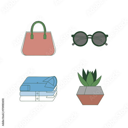 Chic fashion accessories and home decor icons with sunglasses handbag books and succulent plant vector