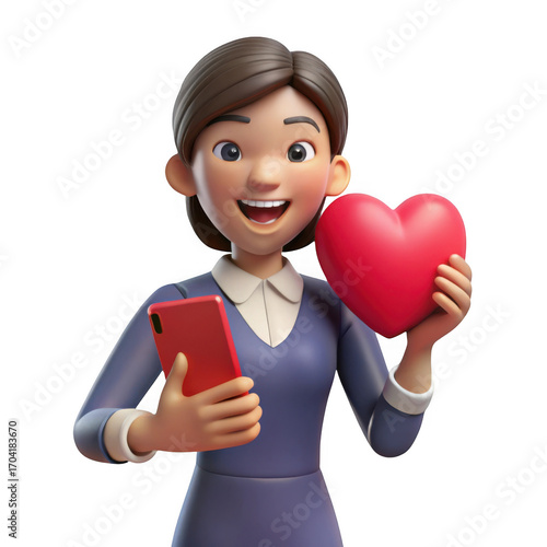 3d cartoon woman holding a red heart and smartphone transparent background