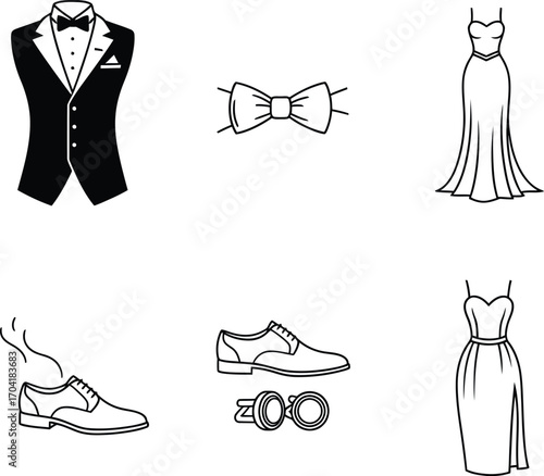 Line art illustrations of a tuxedo, evening gowns, bow tie, formal shoes, and opera glasses, representing a classic formal dress code and special event.