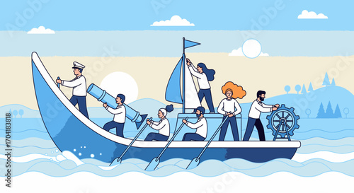 A diverse team collaborating on a boat, symbolizing teamwork, leadership, and a shared journey towards a common goal.
