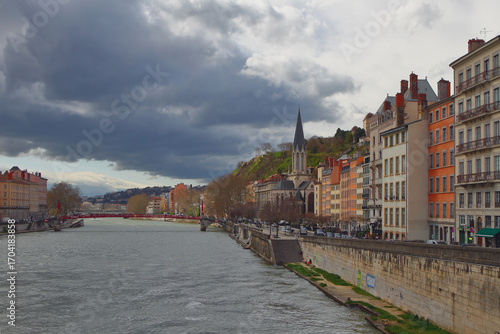 Sona River and city embankment. Lyon, France