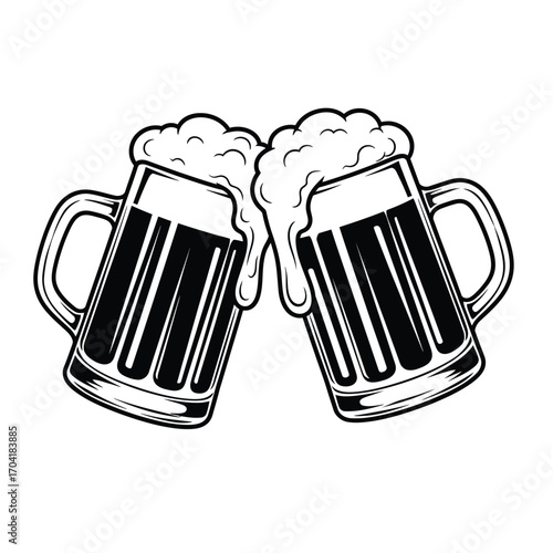 Cheers toasted beer mugs overflowing with foam celebration drink vector illustration graphic vector