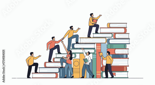 Diverse people helping each other climb a staircase made of giant books, symbolizing knowledge and growth.