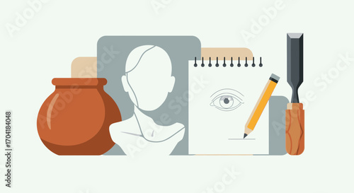 An artistic still life composition with tools for drawing, sculpting, and pottery.