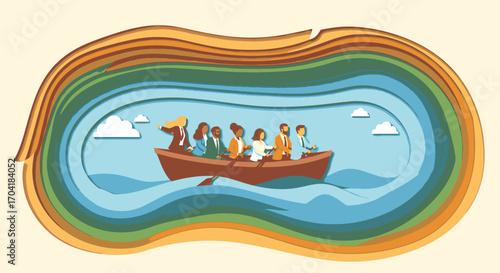 A diverse group of people collaborating in a boat on a journey across the water, depicted in a layered paper-cut art style.