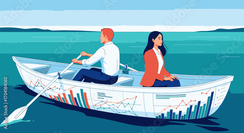 An illustration of a business partnership disagreement, showing a man rowing while a woman sits still in a boat with financial charts.