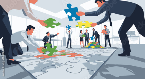 Business team working together to assemble a large jigsaw puzzle on an office floor, symbolizing collaboration and problem-solving.