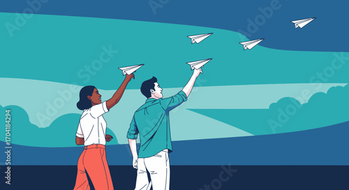 Illustration of a diverse couple, a man and a woman, launching paper airplanes into a blue sky, symbolizing ambition and teamwork.