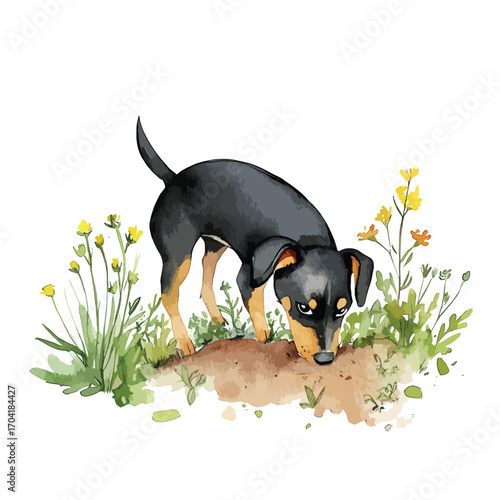 Curious Black and Tan Dog Sniffing the Ground Amongst Wildflowers