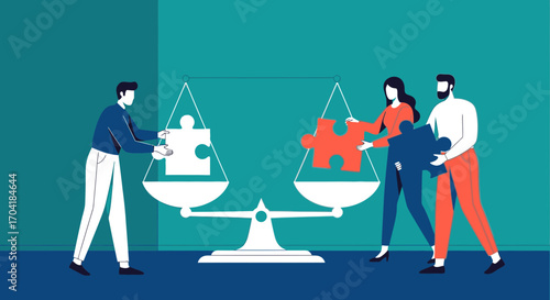 Conceptual illustration of people balancing scales with puzzle pieces, representing teamwork, comparison, and finding solutions.