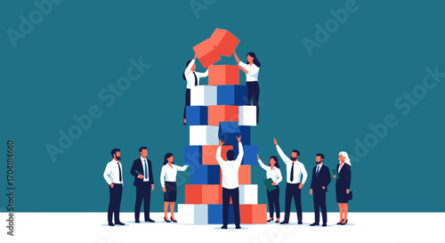Business team collaborating to build a tower from blocks, symbolizing teamwork, strategy, and corporate growth.