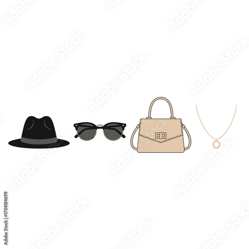 Chic fashion accessories set featuring a fedora hat sunglasses a stylish handbag and a delicate necklace vector